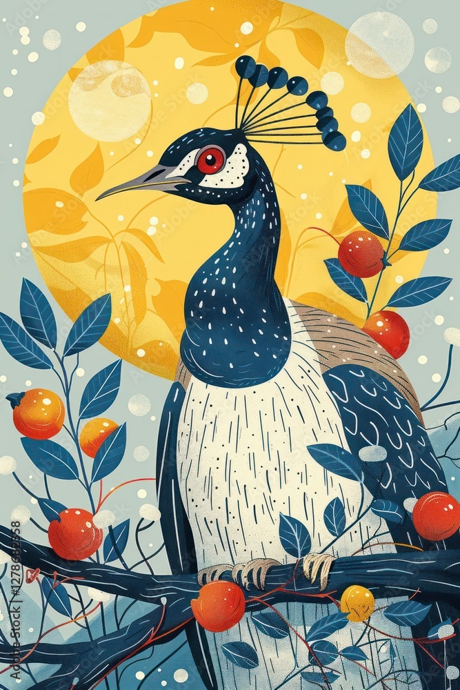 Naklejka premium A stylized peacock perched on a branch, surrounded by foliage and a bright circular backdrop.