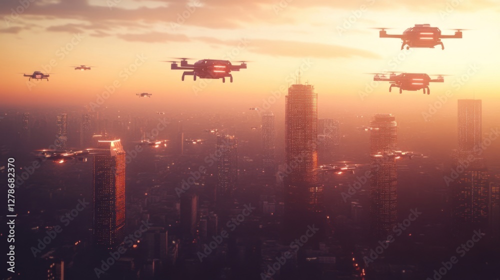 Futuristic Cityscape with Drone Delivery at Sunset Futuristic Cityscape with Drone Delivery at Sunset