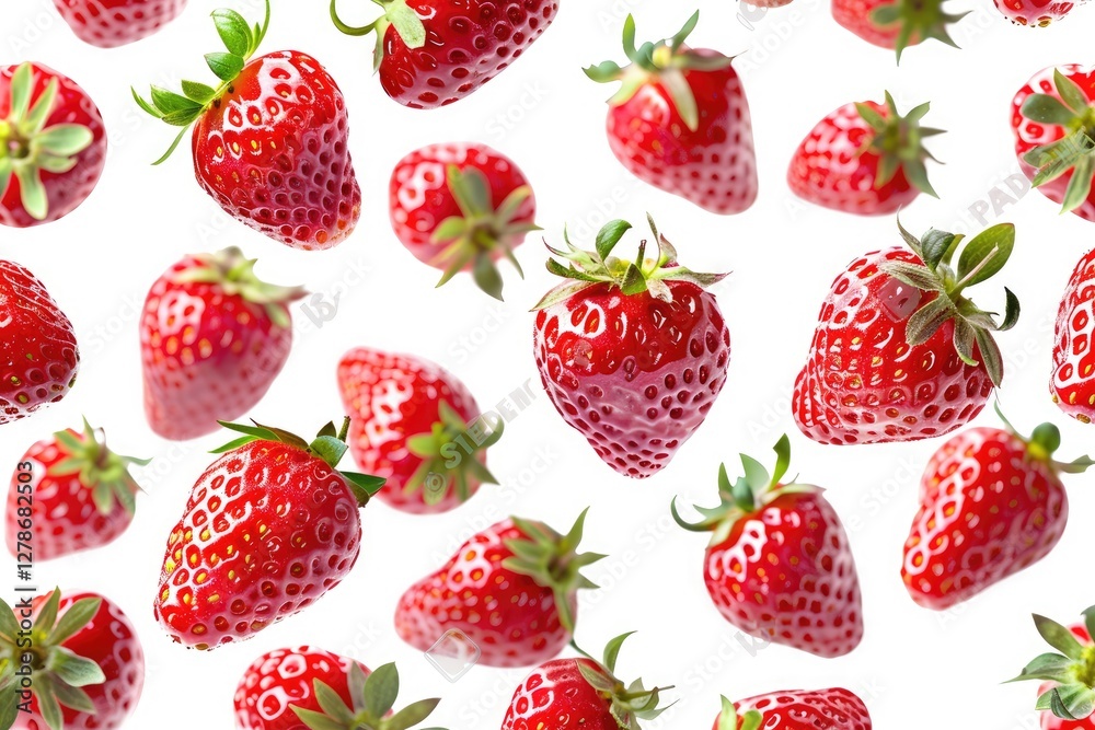 Red strawberries falling against a white background Red strawberries falling against a white background