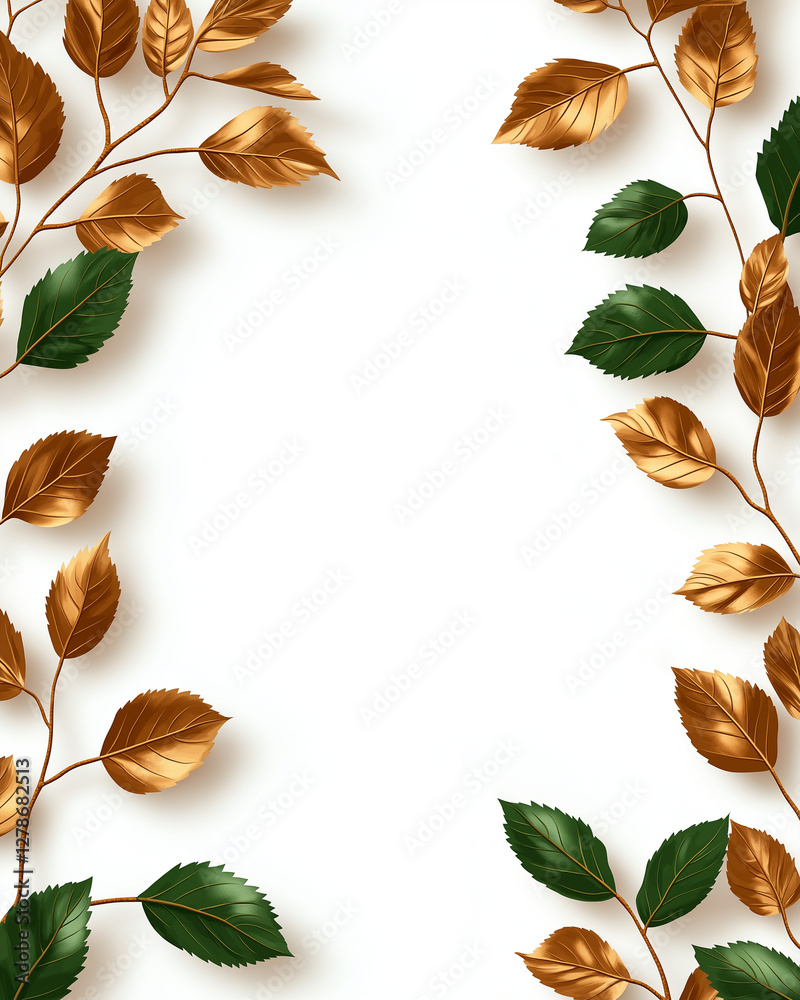 Fototapeta premium Elegant gold and green leaves frame blank white background, perfect for invitations or announcements. contrast of colors adds touch of sophistication and nature