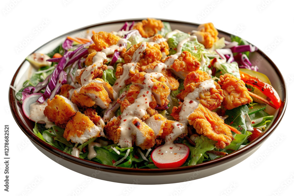 Fresh and Colorful Salad with Crispy Chicken Tenders and Creamy Dressing Served in a Bowl Fresh and Colorful Salad with Crispy Chicken Tenders and Creamy Dressing Served in a Bowl