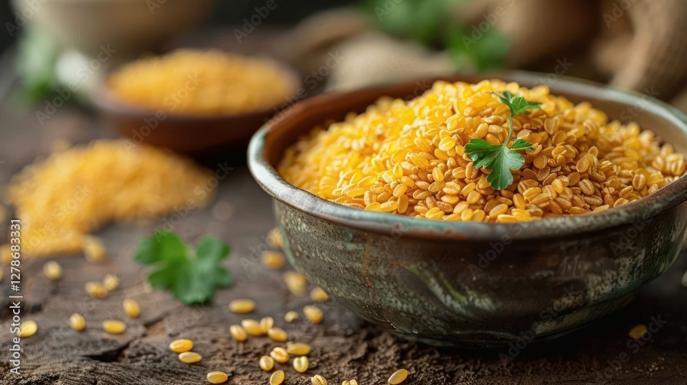 A bowl of golden bulgur wheat with fresh herbs, emphasizing healthy food options.