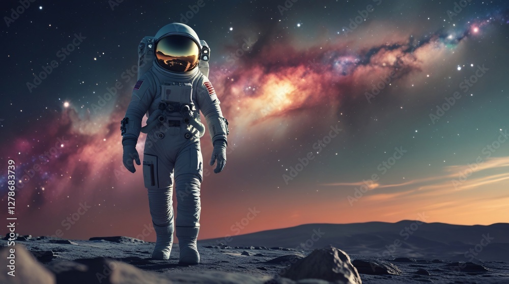 Obraz premium Astronaut Exploring an Alien Planet Under a Nebula-Filled Sky 