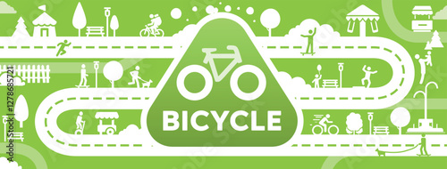 Green Bicycle Infographic with Urban Paths and Park Icons Representing Eco Friendly Transport