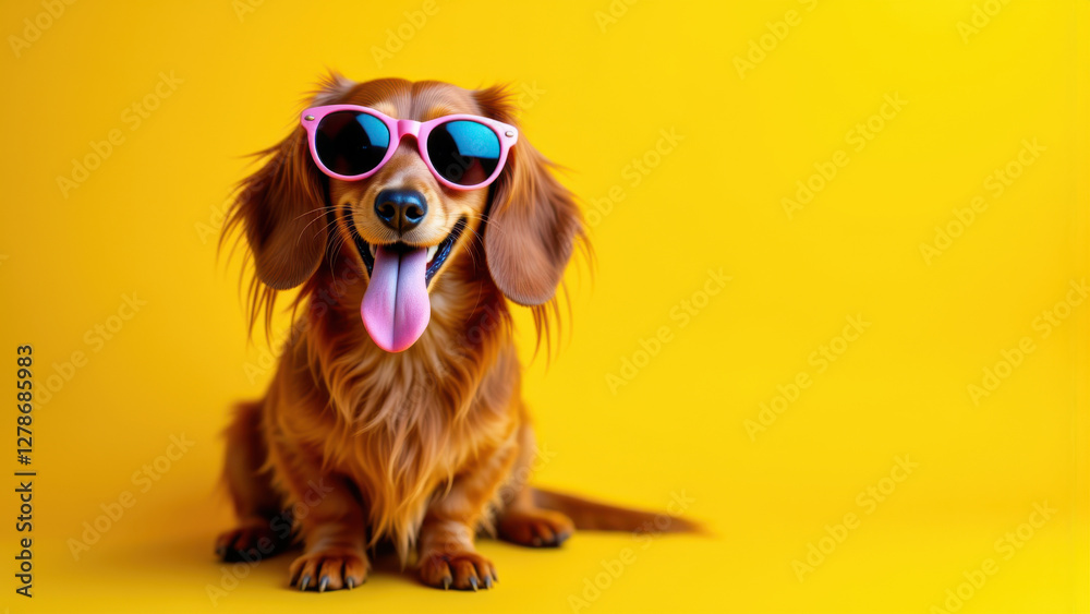 A happy long-haired dachshund wearing pink sunglasses and sitting against a yellow background. A happy long-haired dachshund wearing pink sunglasses and sitting against a yellow background.