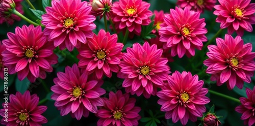 Overhead shot of fuchsia dahlia pinnata flowers in full bloom, overhead photography, colorful flowers, flowers
