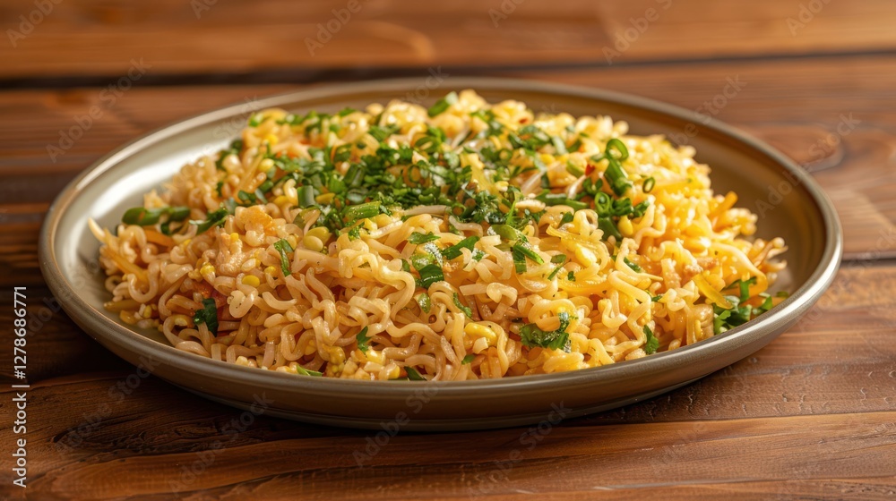 A plate of cooked noodles garnished with herbs and vegetables. A plate of cooked noodles garnished with herbs and vegetables.