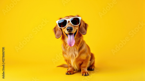 Charming brown Dachshund dog with sunglasses sitting on a yellow background.