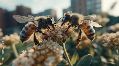 Fototapeta Naklejka Na Ścianę i Meble -  Bees gather nectar from flowers in a city garden during late afternoon sunshine