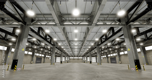 Spacious industrial warehouse features a high ceiling supported by steel beams. 3d render