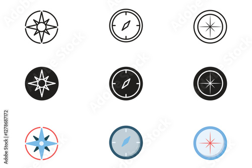 Compass icon set with 3 style line glyph line color