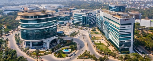 The vibrant IT hubs in Bangalore, with tech company logos and sleek office buildings scattered across the city, highlighting the city's role as India's Silicon Valley