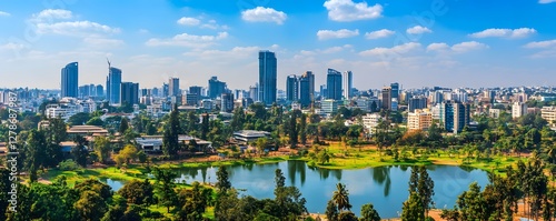 The vibrant tech hub of Bangalore, with towering office buildings, modern architecture, and green spaces creating a balanced urban landscape