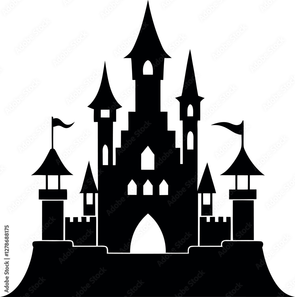 Obraz premium Black Castle Silhouette Minimalist Vector Illustration | Simple Icon for Fortress, Kingdom, Medieval Architecture, and Royalty Design Elements