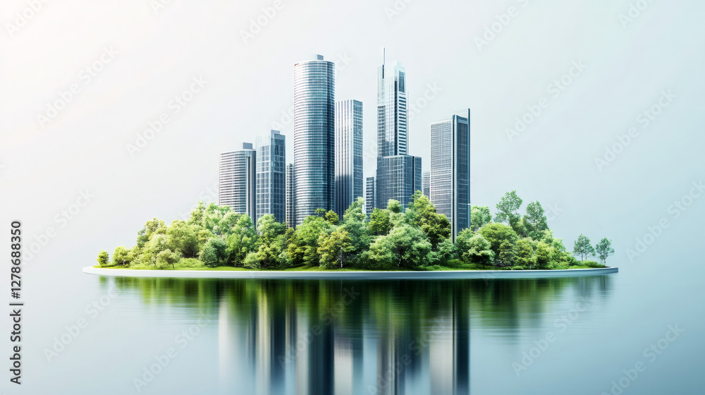 Fototapeta premium Modern sustainable city center rising from a green island surrounded by calm water, promoting ecological balance and urban nature