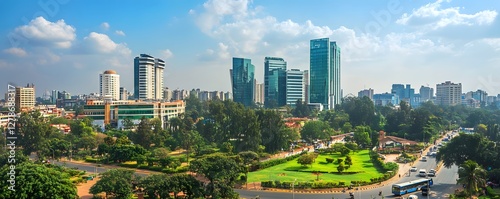 The modern Bangalore business district with sleek office towers, busy streets, and green spaces, showcasing the rapid development of the city photo
