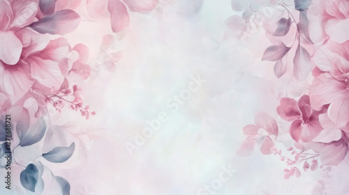 Delicate pink, blue blooms framing soft pastel background, offering elegant, romantic visual composition for design elements