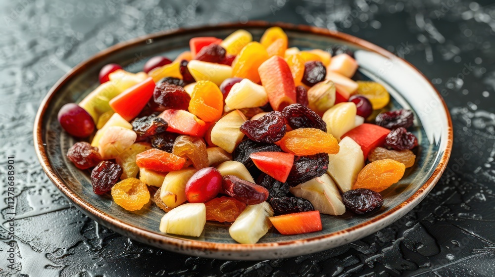 A colorful fruit salad featuring various chopped fruits and dried fruits on a plate. A colorful fruit salad featuring various chopped fruits and dried fruits on a plate.