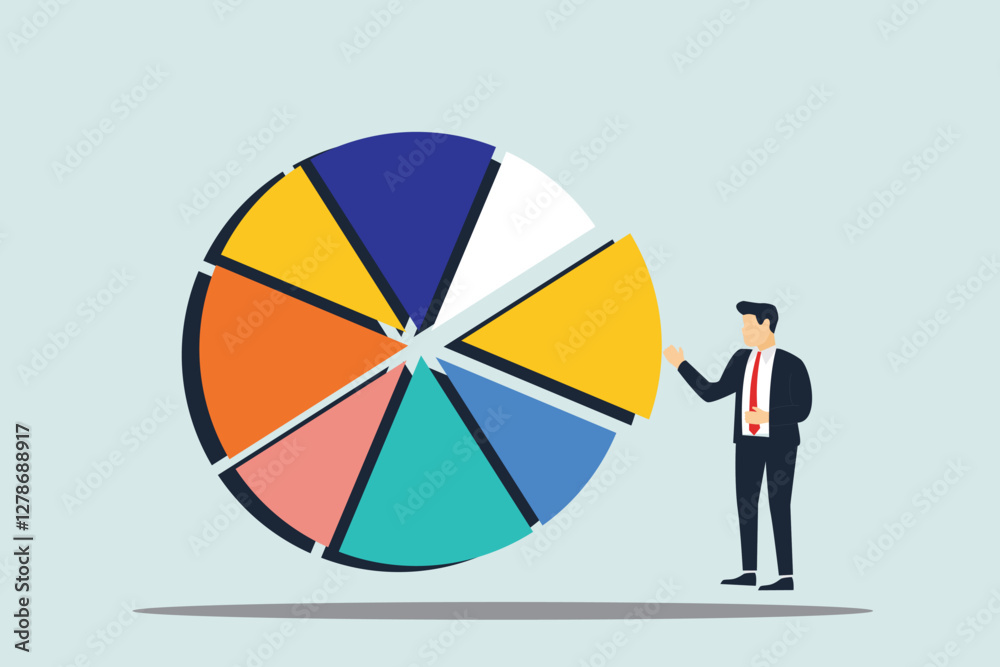 Obraz premium Investment asset allocation and rebalance concept, businessman investor or financial planner standing on ladder to arrange pie chart as rebalancing investment portfolio to suitable for risk and return