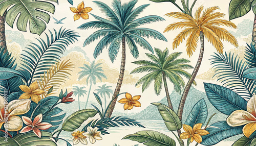 Hand drawn palm tree and beach seamless pattern wallpaper background design