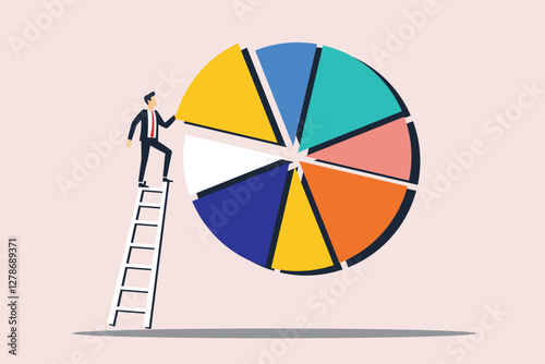Investment asset allocation and rebalance concept, businessman investor or financial planner standing on ladder to arrange pie chart as rebalancing investment portfolio to suitable for risk and return