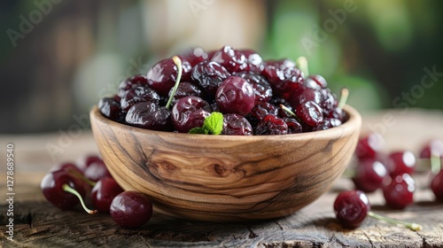 A wooden bowl filled with dried cherries, surrounded by fresh cherries on a rustic table.