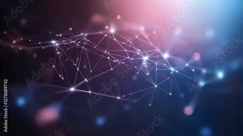 Glowing plexus network connecting lines and dots creates a futuristic digital grid over a dark bokeh background