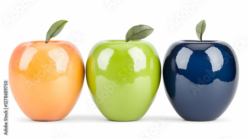 Three colorful apples on white background; healthy food concept