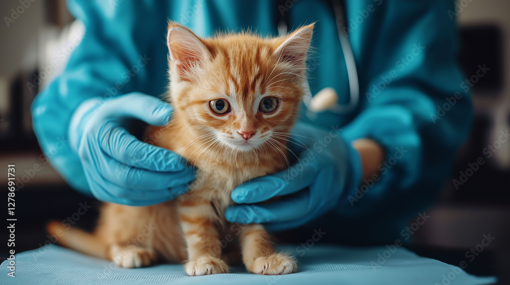 Naklejka premium Veterinarian performing a physical check on a kitten, gently feeling its body for any issues, animal clinic with medical equipment and focused lighting