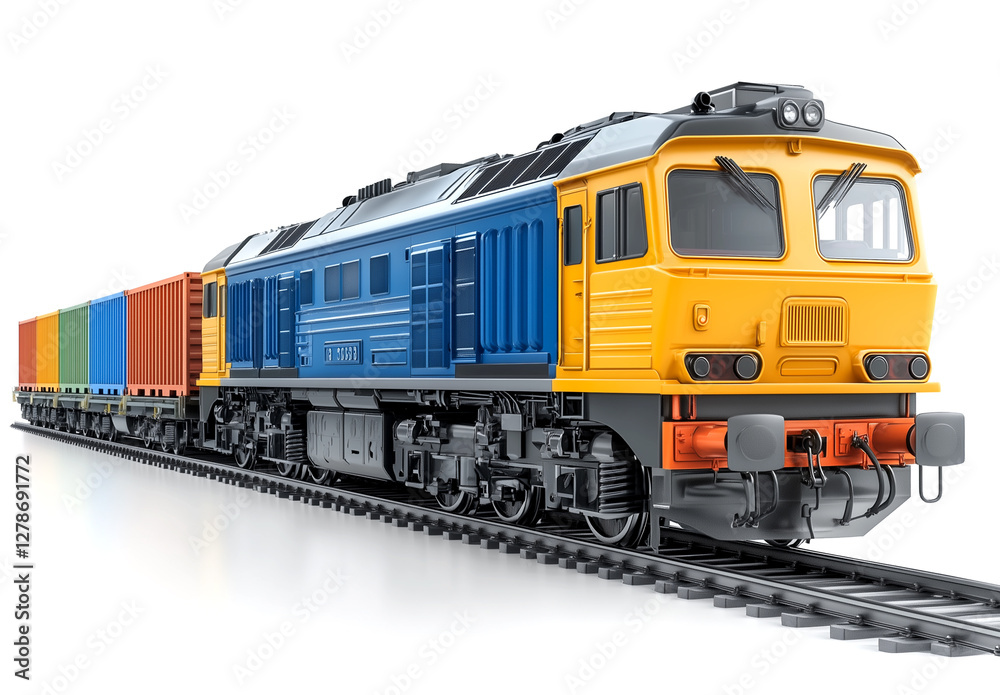 train with cargo containers on the sides, isolated on a white background. 3D rendering illustration train with cargo containers on the sides, isolated on a white background. 3D rendering illustration