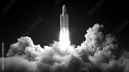 Rocket Launching into Space, A rocket launching into space, surrounded by clouds and a starry sky