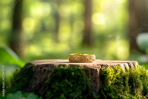 A golden ring with intricate designs sits atop an old tree stump in the middle of a magical forest