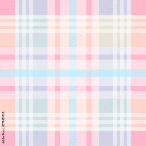 Pastel plaid pattern. Seamless checkered design in soft pink, blue, yellow, and white hues.  Perfect for backgrounds, textiles, and creative projects.