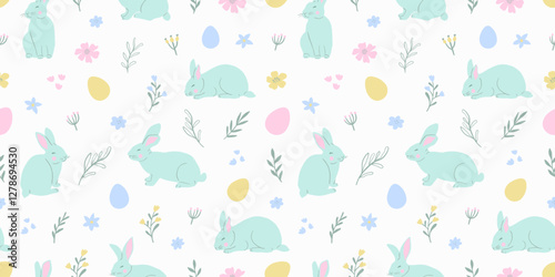 Easter cute seamless pattern with cute white rabbits and Easter eggs. Vector illustration
