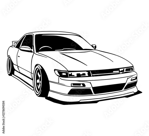 Black and white vector illustration of a sports car with an aggressive wide-body kit, aerodynamic design, and custom wheels. Perfect for automotive enthusiasts, tuning projects, racing themes