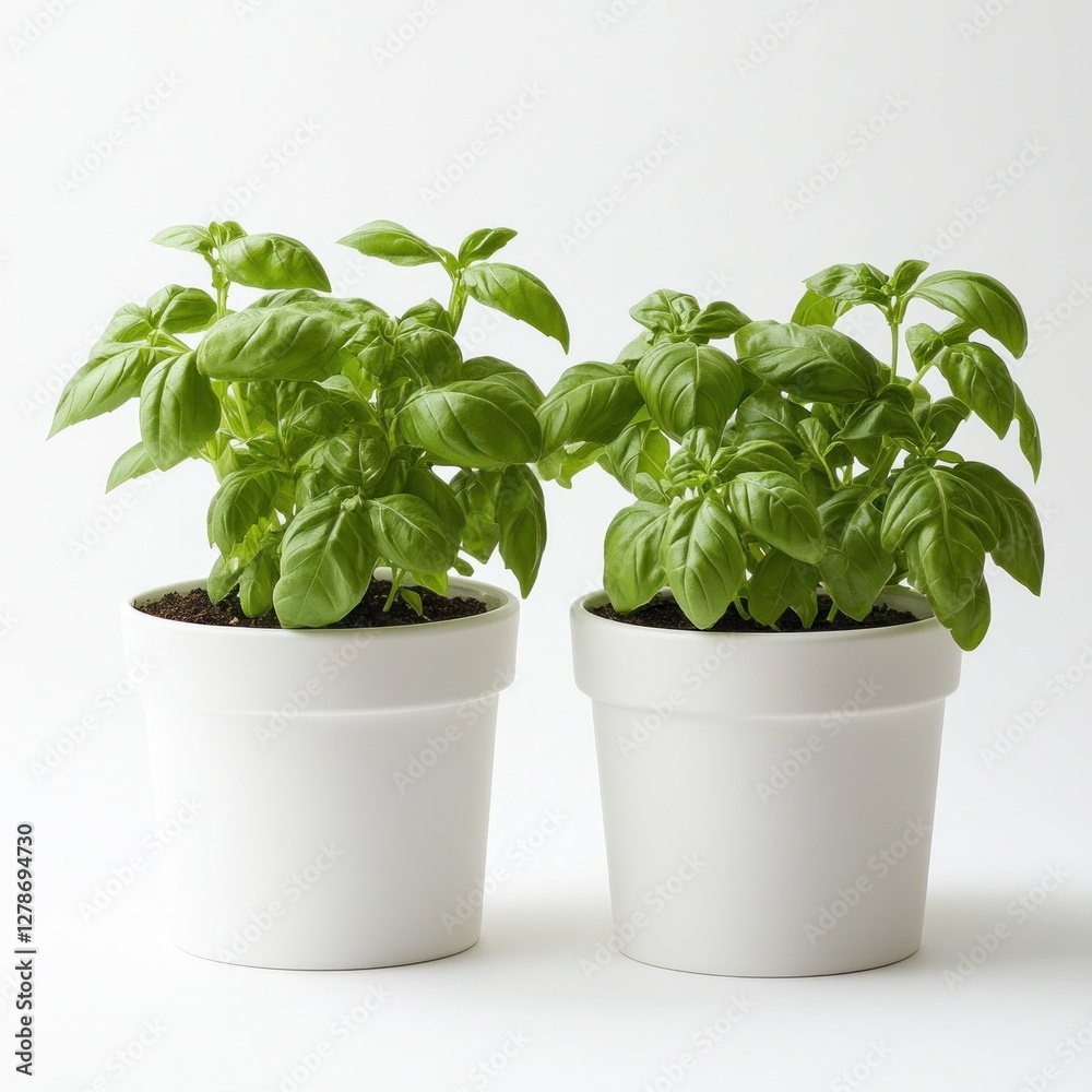Two basil plants in white pots on white background. Possible use Kitchen herb display Two basil plants in white pots on white background. Possible use Kitchen herb display