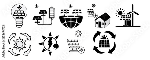 Icons in two colors about solar energy. Contains such icons as installation, efficiency, solar panel, renewable energy. Editable stroke
