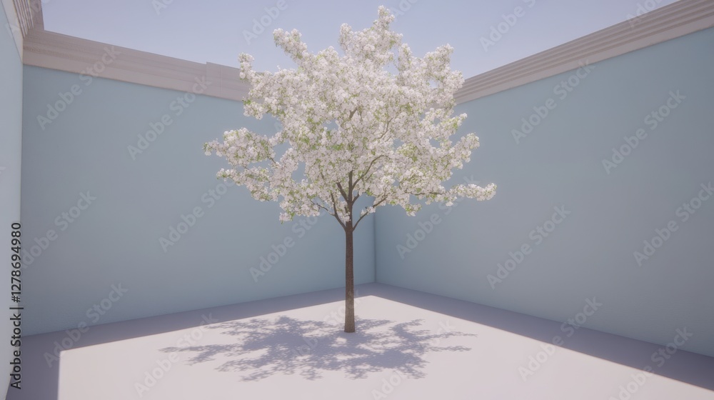Obraz premium Glowing Clean Tree with White Blossoms in Minimalist Space Symbolizing Peace and Tranquility