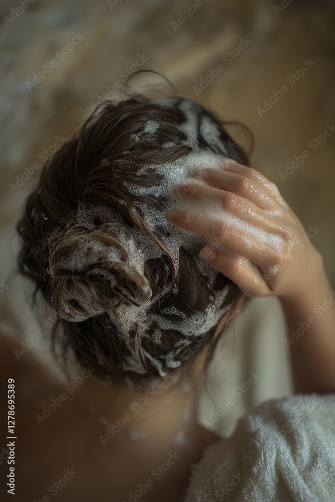 Naklejka premium Woman washing hair with shampoo in shower, enjoying self-care routine, relaxing bath time, personal grooming, healthy hair care practices.