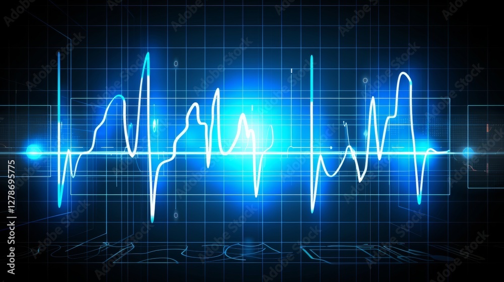 Luminous blue heart monitor trace flatlining on navy blue grid a symbol of healthcare awareness Luminous blue heart monitor trace flatlining on navy blue grid a symbol of healthcare awareness