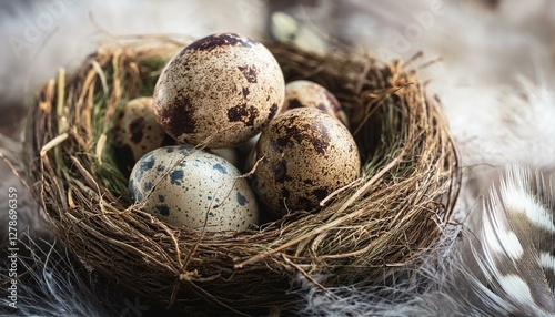 Close-up of speckled quail eggs resting in a natural bird’s nest, surrounded by soft feathers, creating a serene and delicate natural scene.