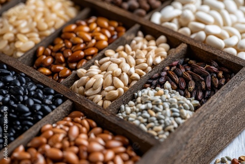 This captivating image displays a vibrant array of assorted seeds contained in a rustic wooden holder, emphasizing their unique colors and potential for culinary creativity and nutrition. photo