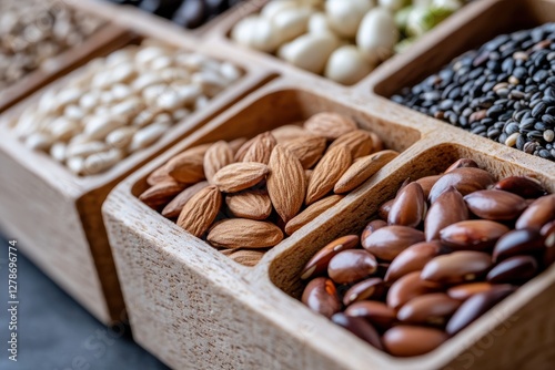 An aesthetic presentation of various seeds arranged in a wooden tray, illustrating their unique forms, colors, and textures, symbolizing health and diversity in nutrition. photo