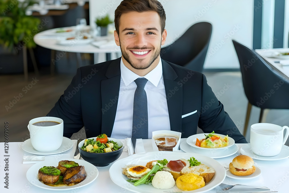 Businessman Enjoying Gourmet Meal, Realistic Image Businessman Enjoying Gourmet Meal, Realistic Image