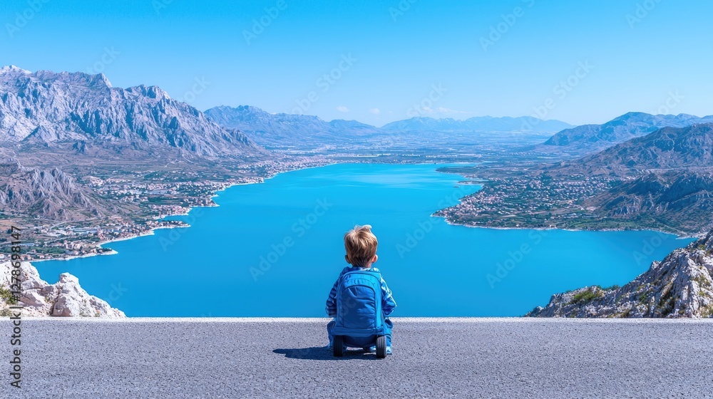 Fototapeta premium Young boy sits on the edge of a scenic overlook, gazing at a vast blue lake surrounded by majestic mountains on a sunny day.