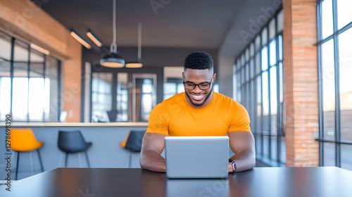 Smiling Man Working on Lapt...