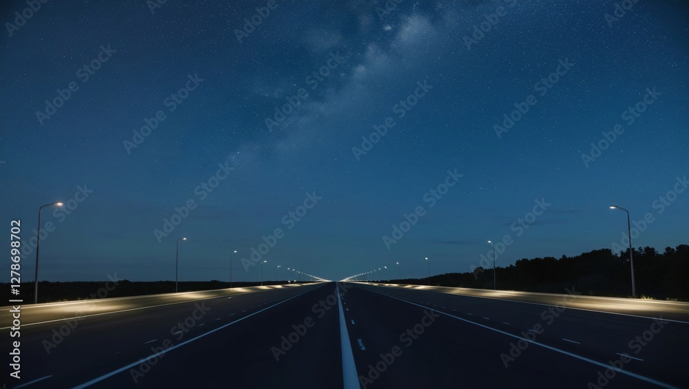 Fototapeta premium Empty Highway at Night Under Starry Sky and Soft Moonlight