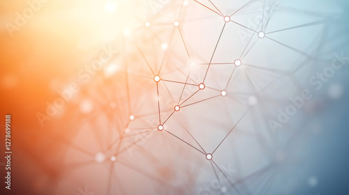 Geometric polygon grid connecting digital network points in gradient orange and blue color spectrum