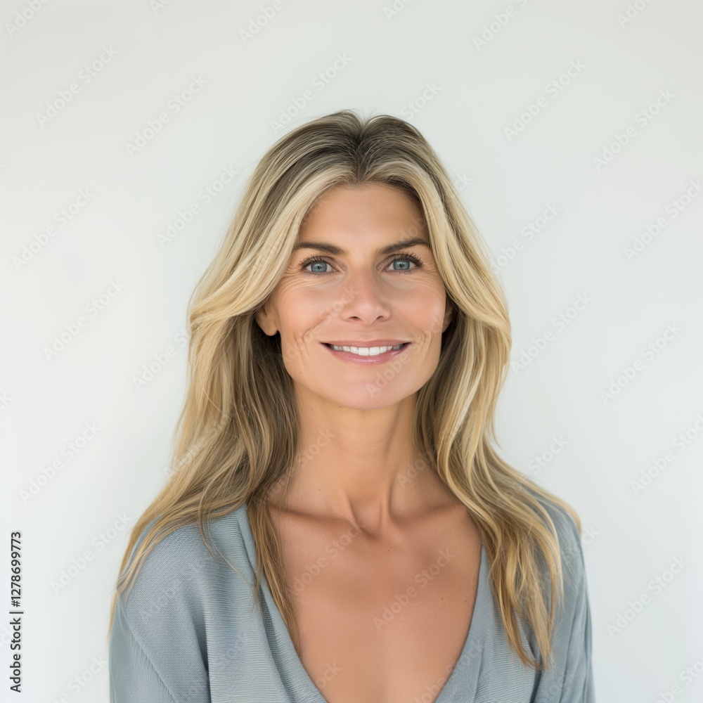 A woman with long, wavy hair smiles warmly, showcasing her natural beauty in a bright, neutral indoor setting A woman with long, wavy hair smiles warmly, showcasing her natural beauty in a bright, neutral indoor setting