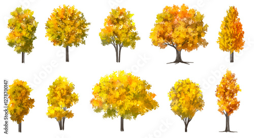  Vector watercolor blooming flower tree or forest side view isolated on white background for landscape and architecture drawing,elements for environment or and garden,green tree for garden section 